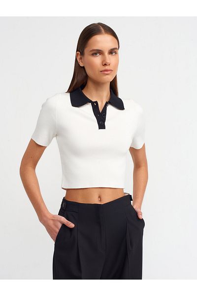 Dilvin 10535 Tricotaj cu nasturi cu gât polo Top-ecru-negru