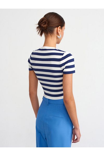 Dilvin 10398 Ecru-Navy Crop Sweater - Crew Neck, Stripe, Short Sleeve