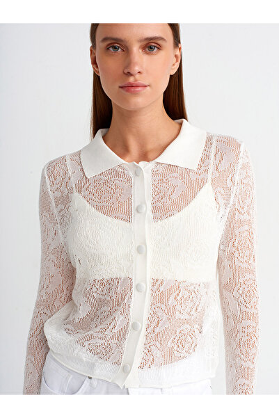 Dilvin 60229 Polo Collar Lined Knit Cardigan-Ecru