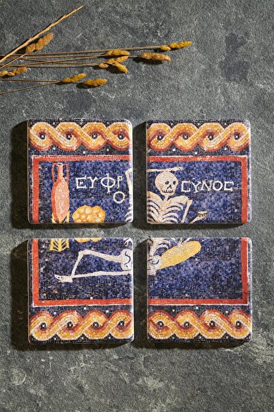 Anadolia Cheerful Skeleton Mosaic 4-Piece Travertine Coasters