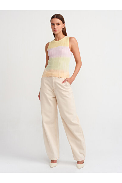 Dilvin 10569 Multi - Crew Neck Ribbed Tie-Dye Knitwear Blouse