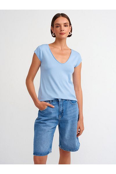 Dilvin 31117 Tricou albastru din bumbac cu decolteu în V