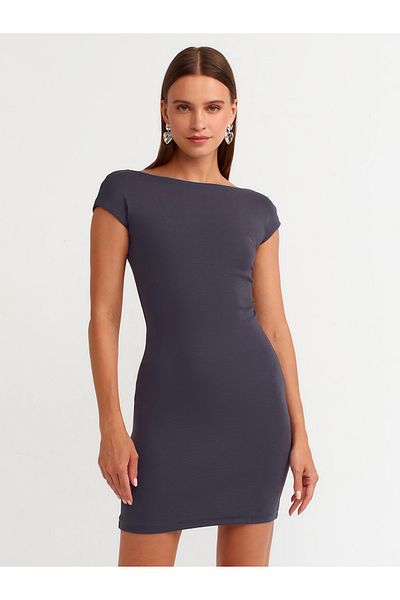 Dilvin 90054 Model Anthracite Back Low-cut Mini Dress