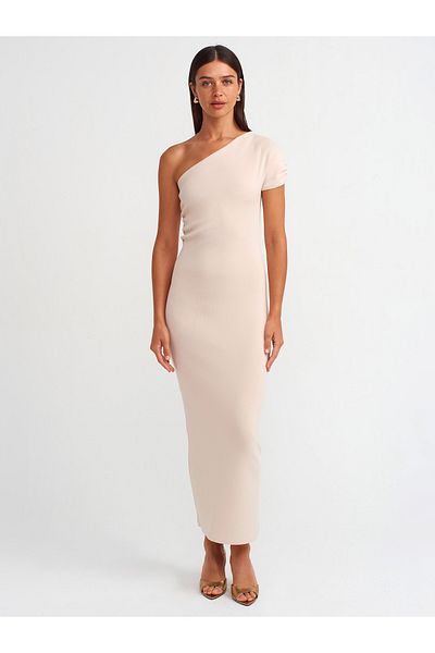 Dilvin 90221 Asymmetrical Draped Knitwear Dress - Light Beige