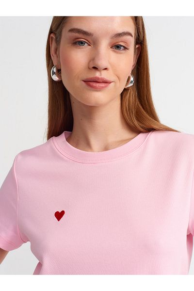 Dilvin 30584 Crew Neck Cotton T-shirt-powder Pink