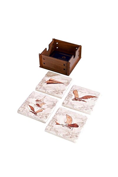 Anadolia 4-Piece Hezârfen and Galata Tower Special Wooden Travertine Coasters Set