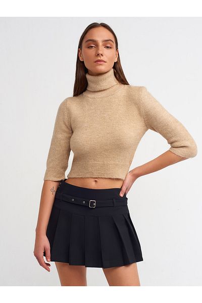 Dilvin 10306 Pulover crop cu mânecă scurtă cu gât-bej