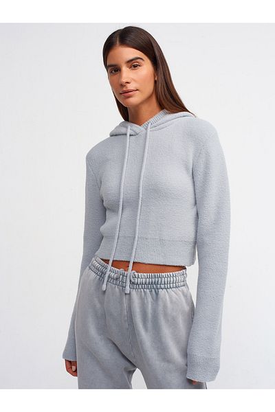 Dilvin 10486 Gray Soft Textured Hooded Crop Sweater