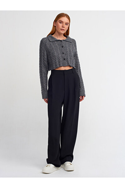 Dilvin 60203 Polo Collar Buttoned Glittery Crop Knitwear Cardigan-Smoke-Black