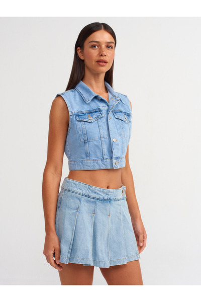 Dilvin 50727 Kısa Denim Yelek-Mavi