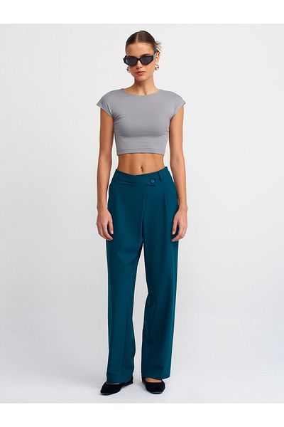 Dilvin 71196 High Waist Wide Leg Trousers-Oil
