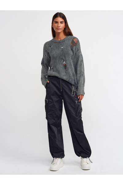 Dilvin 10479 Svetr s vybledlým efektem na krku, roztrhaný detail, antracit