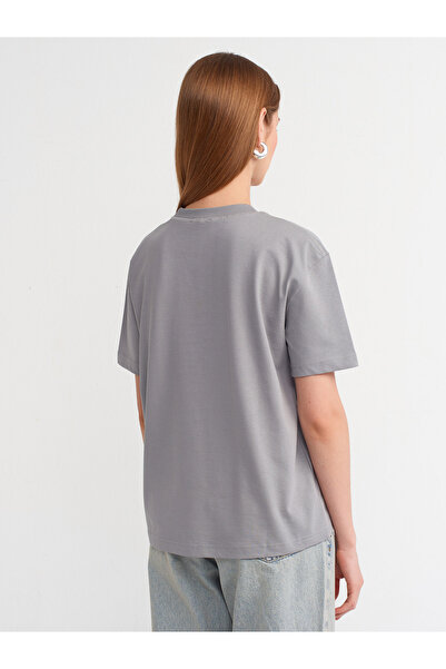 Dilvin 30312 Decorative Stitched Crew Neck T-Shirt-Grey