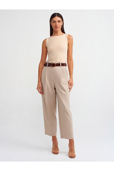 Dilvin 71297 Stone Colored Belted Carrot Fit Trousers