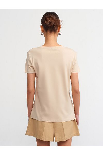 Dilvin 3470 Βασικό T-Shirt με λαιμόκοψη σε ανοιχτό μπεζ