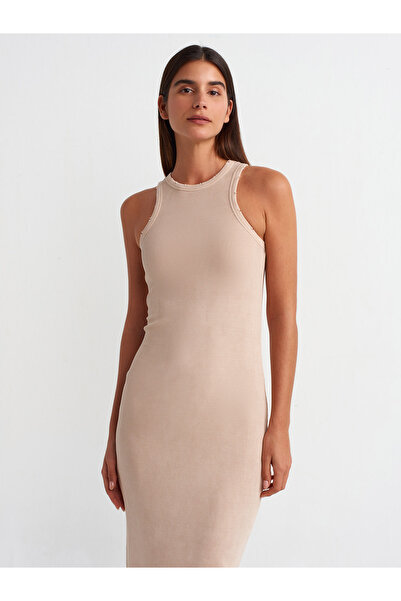 Dilvin 90805 Washing Effect Midi Φόρεμα-Μπεζ