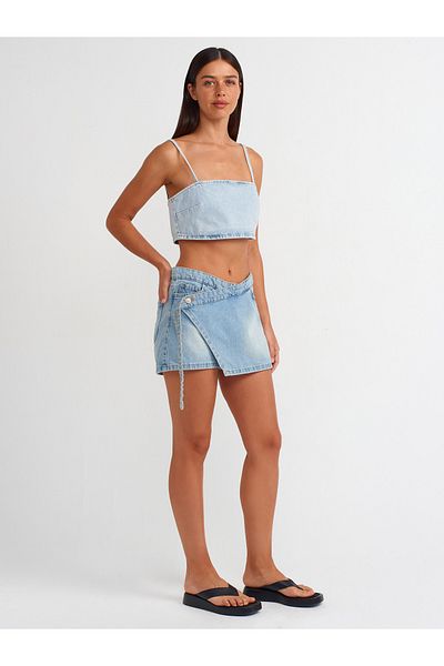 Dilvin 71673 Fustă albastru cu pantaloni scurti din denim - Curea lungă