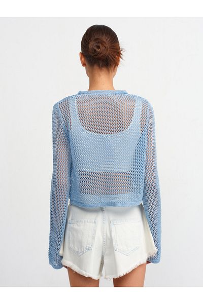 Dilvin 10350 Pulover crop cu model ajurat cu decolteu-albastru
