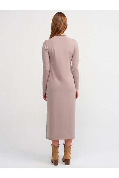Dilvin 90170 Stand Collar Front Slit Knitwear Dress-Dark Beige