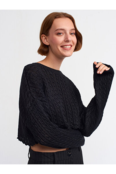 Dilvin 10440 Crew Neck Braided Glitter Crop Knitwear-černá