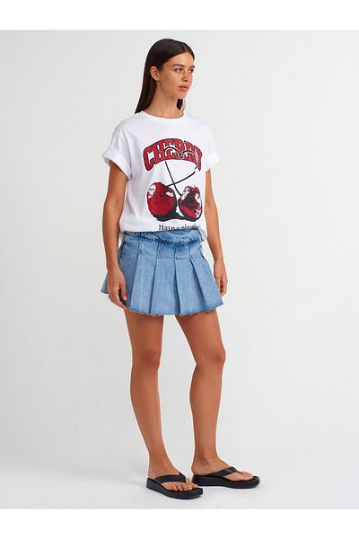 Dilvin 71672 Fustă pantaloni scurți din denim plisat albastru - Fermoar lateral
