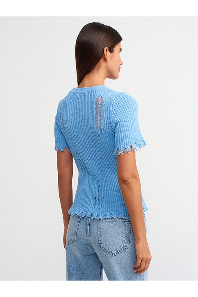 Dilvin 10555 Pulover de tricotaj cu detaliu rupt cu decolteu-albastru