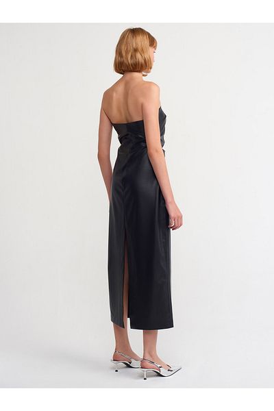 Dilvin 90799 Rochie midi din piele artificială fără bretele-neagră