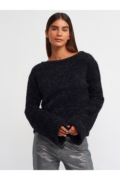 Dilvin 10474 Pulover cu sclipici la spate decoltat-negru
