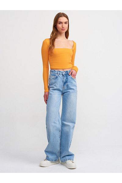 Dilvin 71416 Pantaloni denim cu picioare largi-albastru