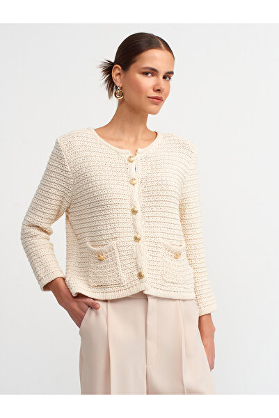Dilvin 60224 Tricot cu buzunar cu nasturi aurii cu decolteu triplu Cardigan-Ecru