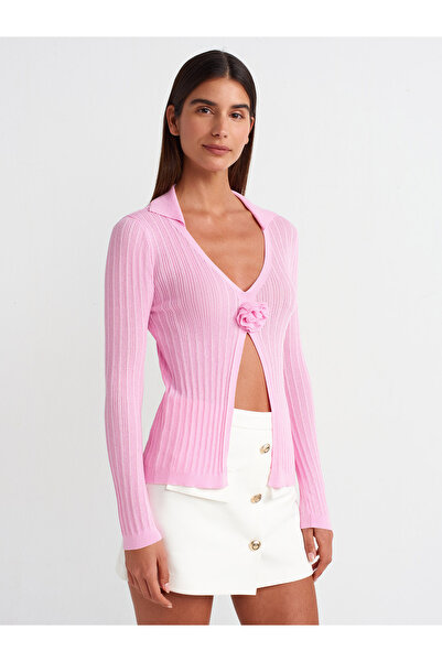 Dilvin Μοντέλο 10526 - Διαφανής πλεκτή μπλούζα με ροζ πόλο γιακά και λεπτομέρ...