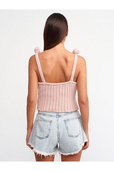 Dilvin 10524 Straped Handcrafted Flower Detailed Knitwear Top-Powder