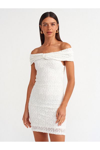 Dilvin 91105 Mini Ecru Off-the-Shoulder Dress