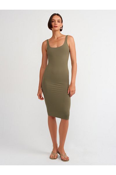 Dilvin Model 91200 - Rochie midi kaki poliamidă cu decolteu în U