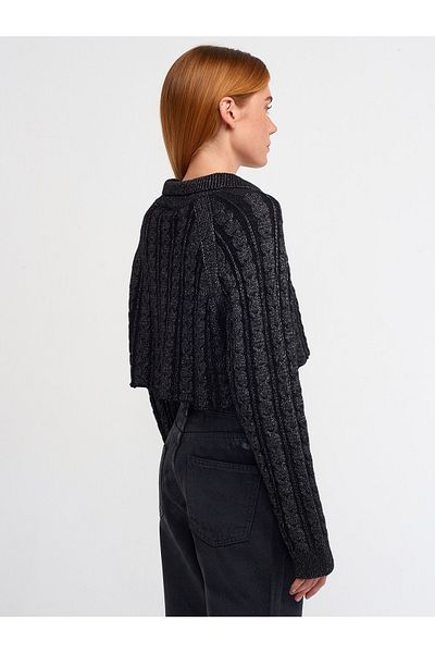 Dilvin 60203 Cardigan de tricotaj cu sclipici cu nasturi guler polo-Negru-G
