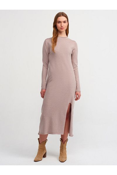Dilvin 90170 Stand Collar Front Slit Knitwear Dress-Dark Beige