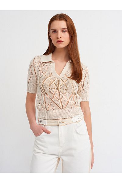 Dilvin 10565 Polo Collar Openwork Knitwear Sweater-Ecru