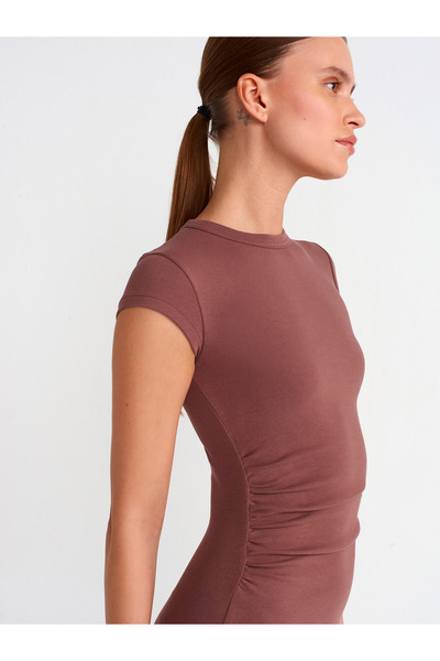 Dilvin 91114 Μίνι φόρεμα με μαζεμένο σώμα-καφέ