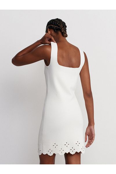 Dilvin 90223 Ecru Knitwear Dress - Square Collar and Floral Embroidery