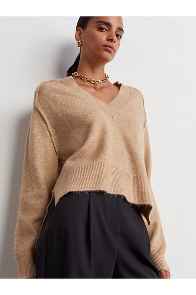 Dilvin 10630 Model V-Neck and Slit Knitwear Sweater - Dark Beige