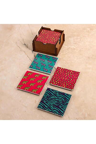 Anadolia Leopar ve Zebra Ahşap Kutulu 4'lü Seramik Bardak Altlığı