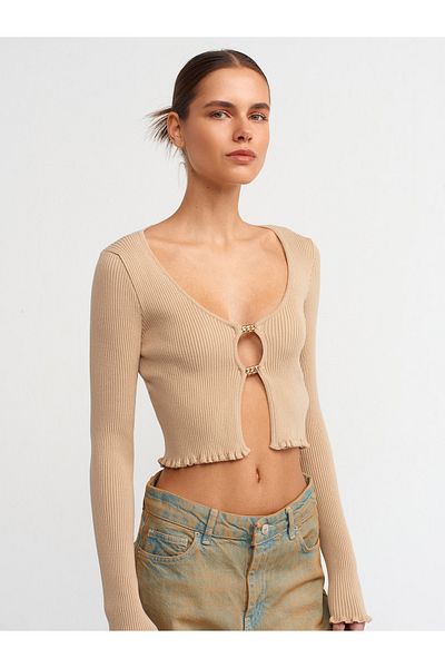 Dilvin 60134 Strick-Cardigan mit U-Kragen und Accessoires auf der Vorderseite – Beige