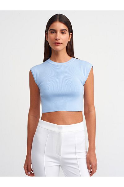 Dilvin 10525 Crew Neck Short Sleeve Knitwear Top-Blue