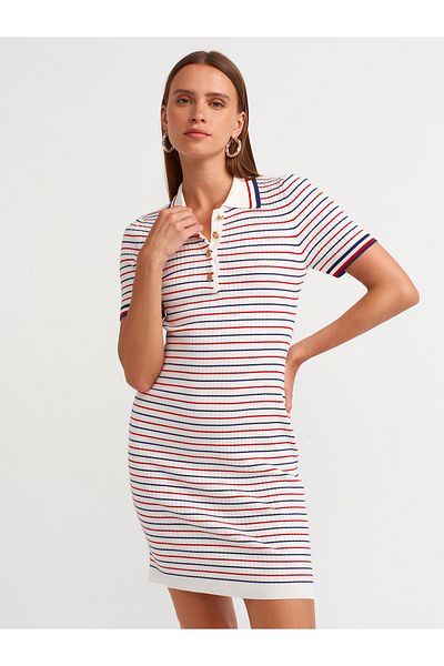 Dilvin 90218 Ecru Polo Collar Striped Knitwear Dress