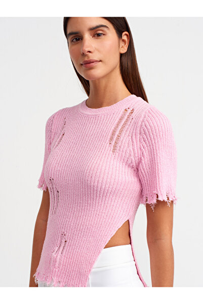 Dilvin 10555 Crew Neck Ripped Detailed Knitwear Sweater-Pink