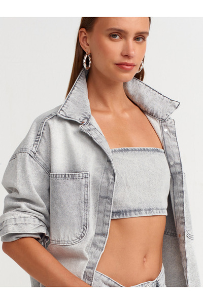 Dilvin 50724 Model - Gray Oversize Denim Shirt