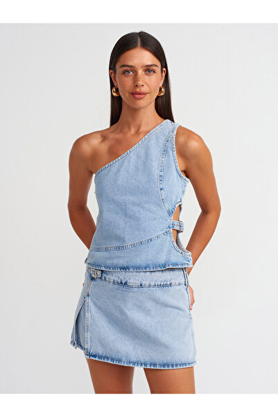 Dilvin 71680 Yandan Tokalı Denim Şort Etek-Mavi
