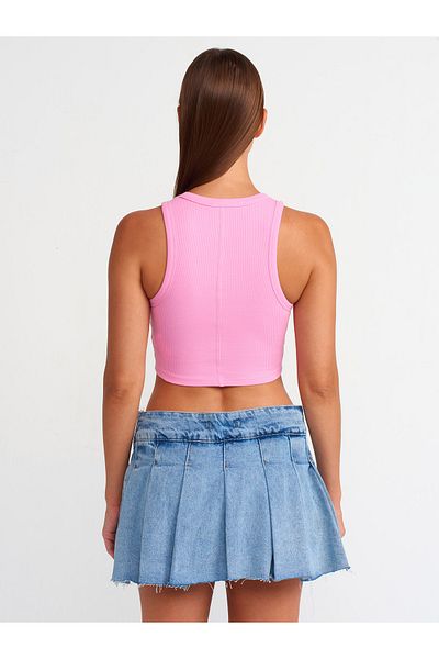 Dilvin 20820 Pink Stitching Effect Crop Top