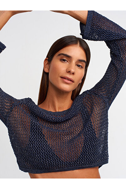 Dilvin 10350 Πουλόβερ με ανοιχτόχρωμο σχέδιο με λαιμόκοψη-σκούρο μπλε