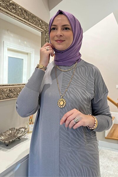 Rabia Şamlı Zebra Desen Triko Elbise Gri